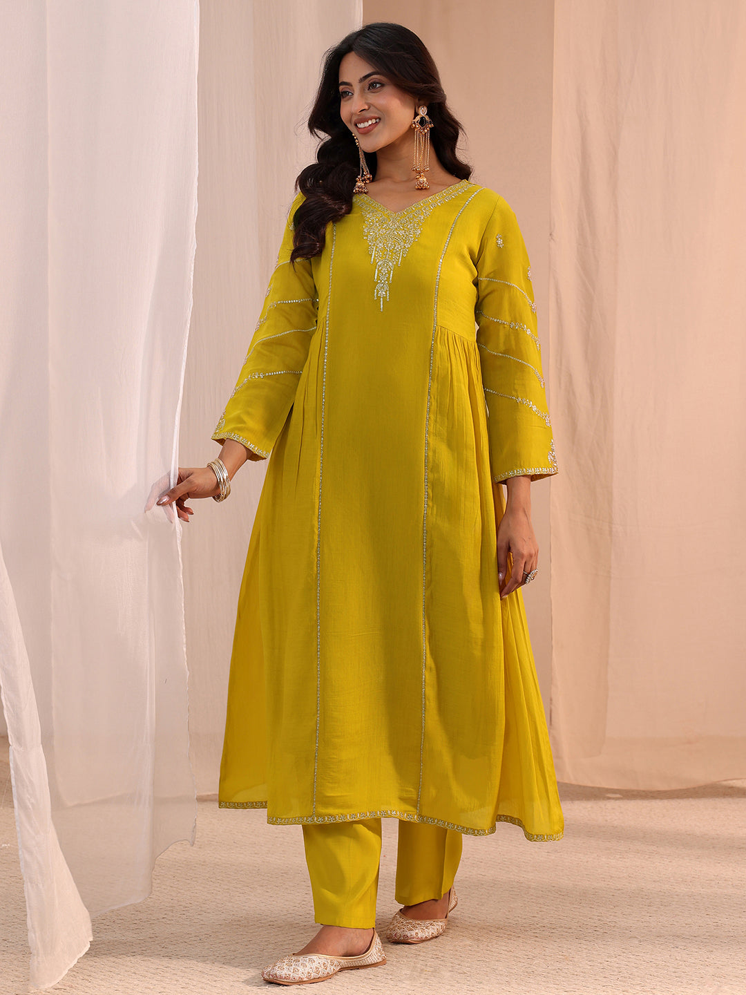  Mustard Floral Embroidered Chanderi Cotton Anarkali Suit Set 