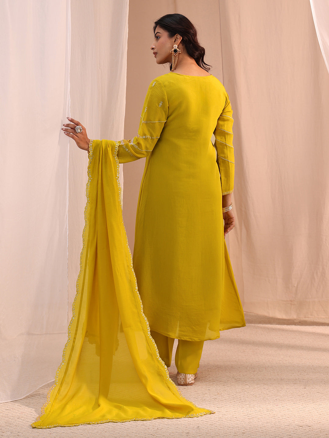  Mustard Floral Embroidered Chanderi Cotton Anarkali Suit Set 