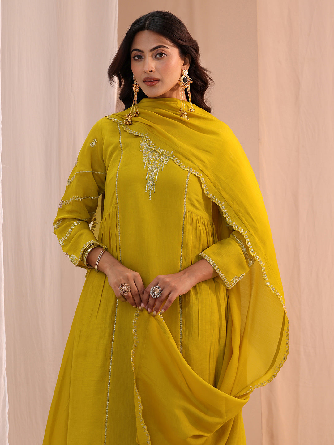  Mustard Floral Embroidered Chanderi Cotton Anarkali Suit Set 