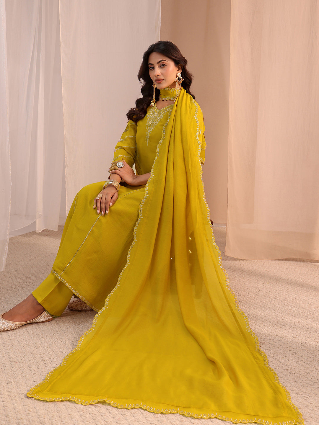  Mustard Floral Embroidered Chanderi Cotton Anarkali Suit Set 