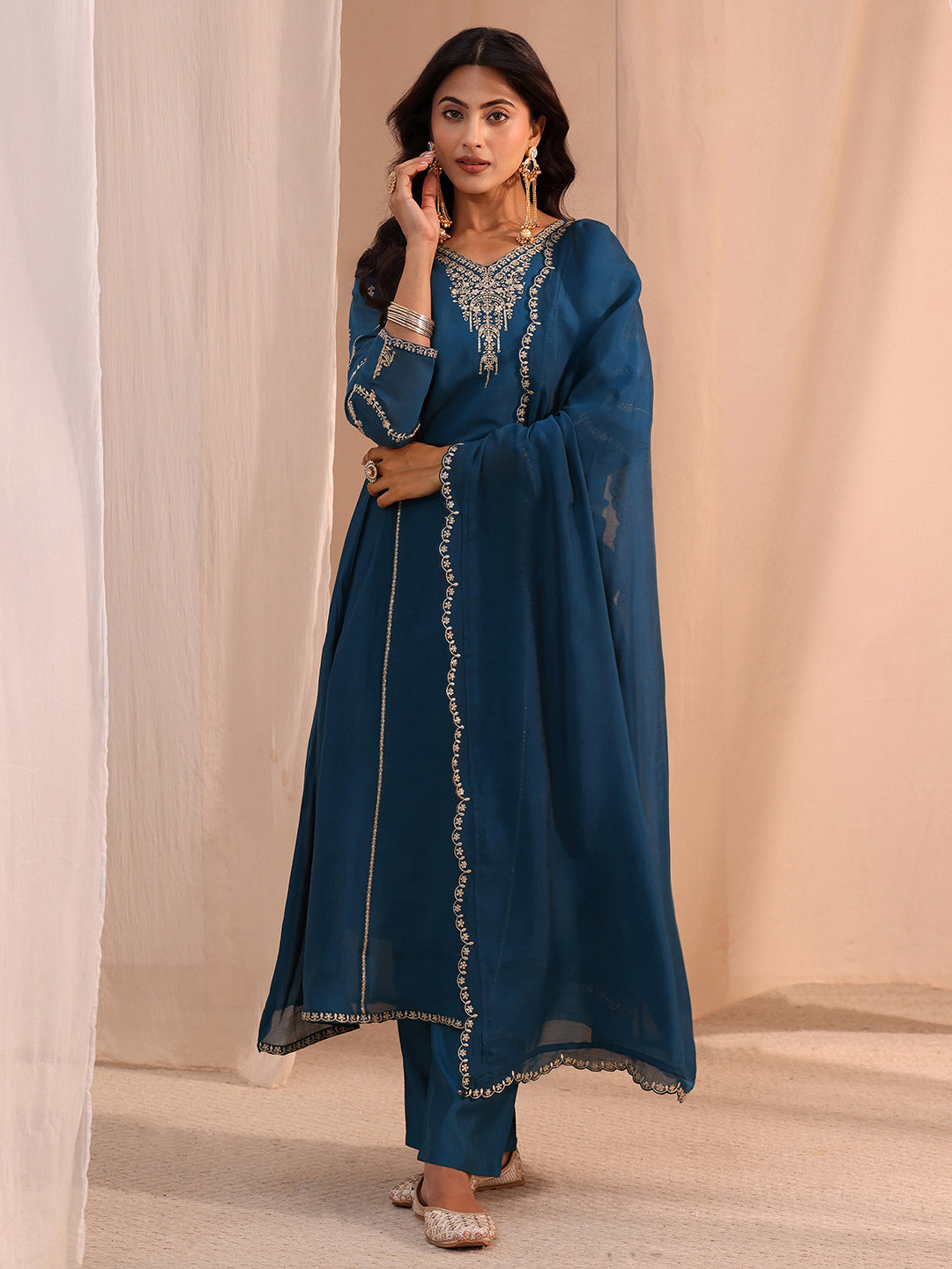  Blue Floral Embroidered Chanderi Cotton A-Line Suit Set 