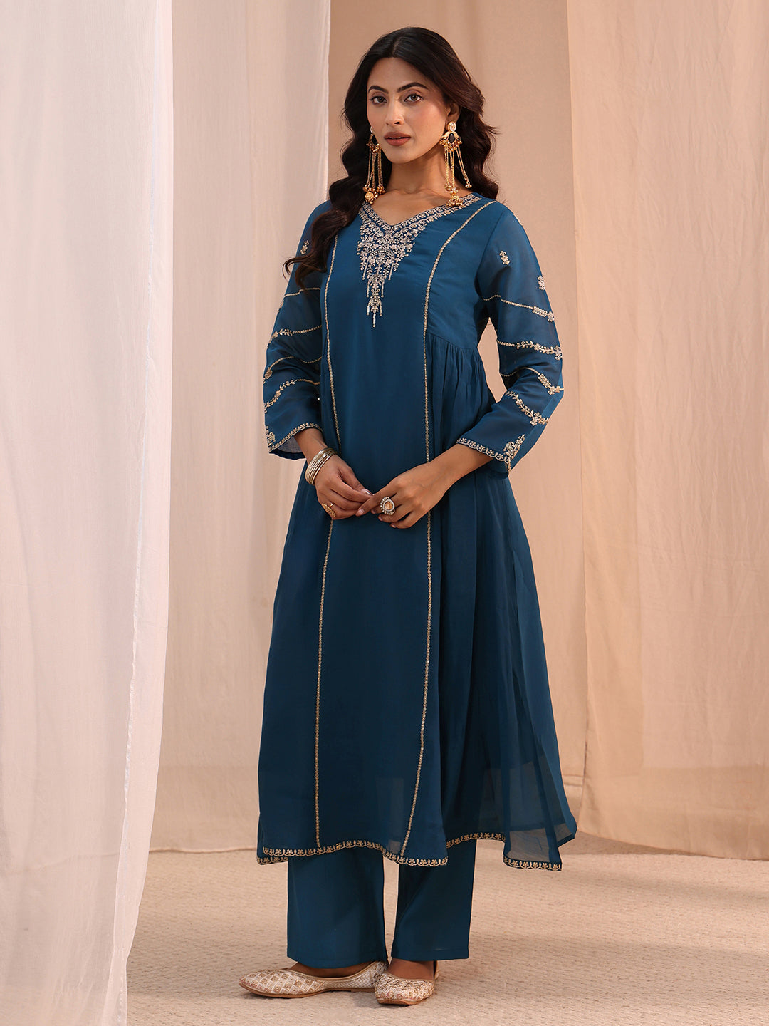  Blue Floral Embroidered Chanderi Cotton A-Line Suit Set 
