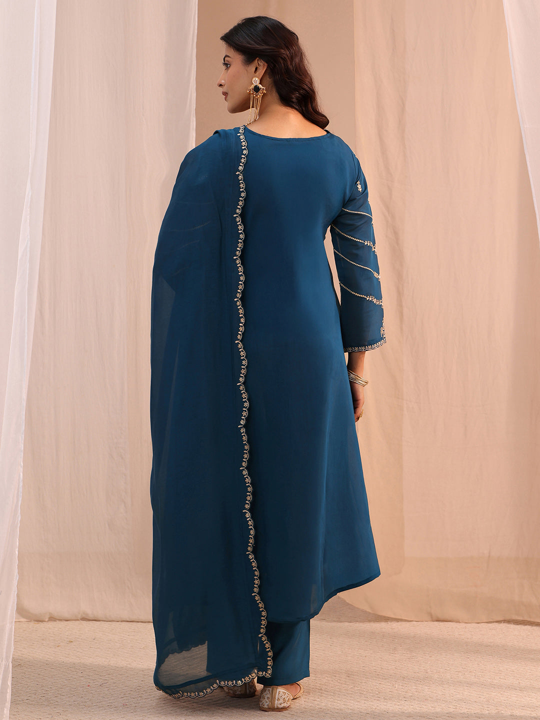  Blue Floral Embroidered Chanderi Cotton A-Line Suit Set 