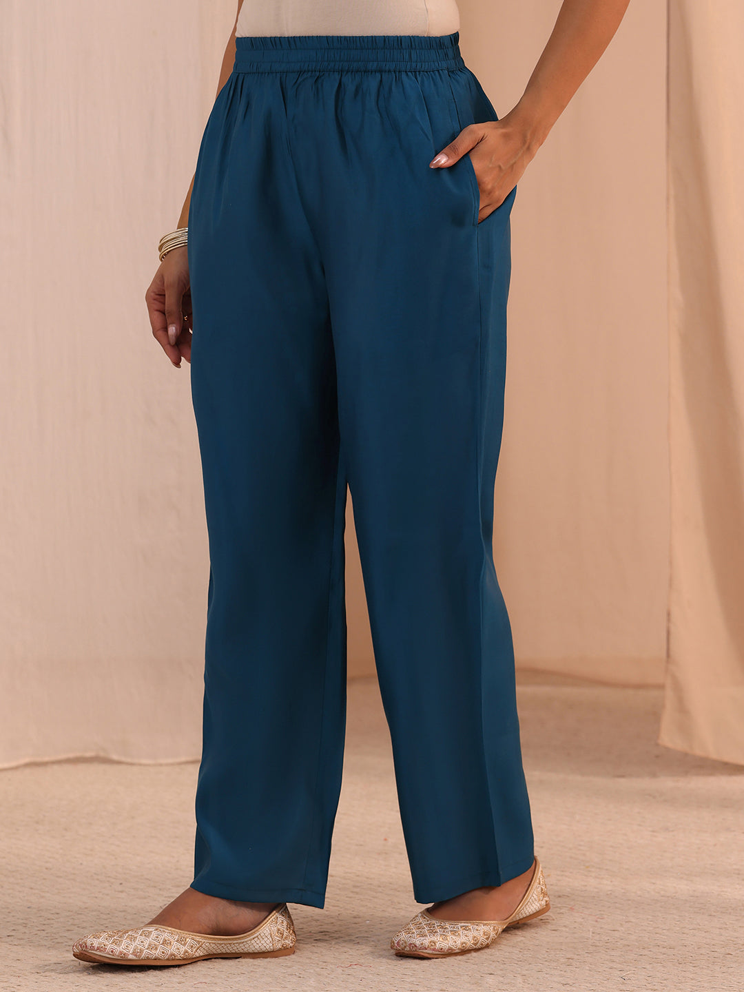  Blue Floral Embroidered Chanderi Cotton A-Line Suit Set 