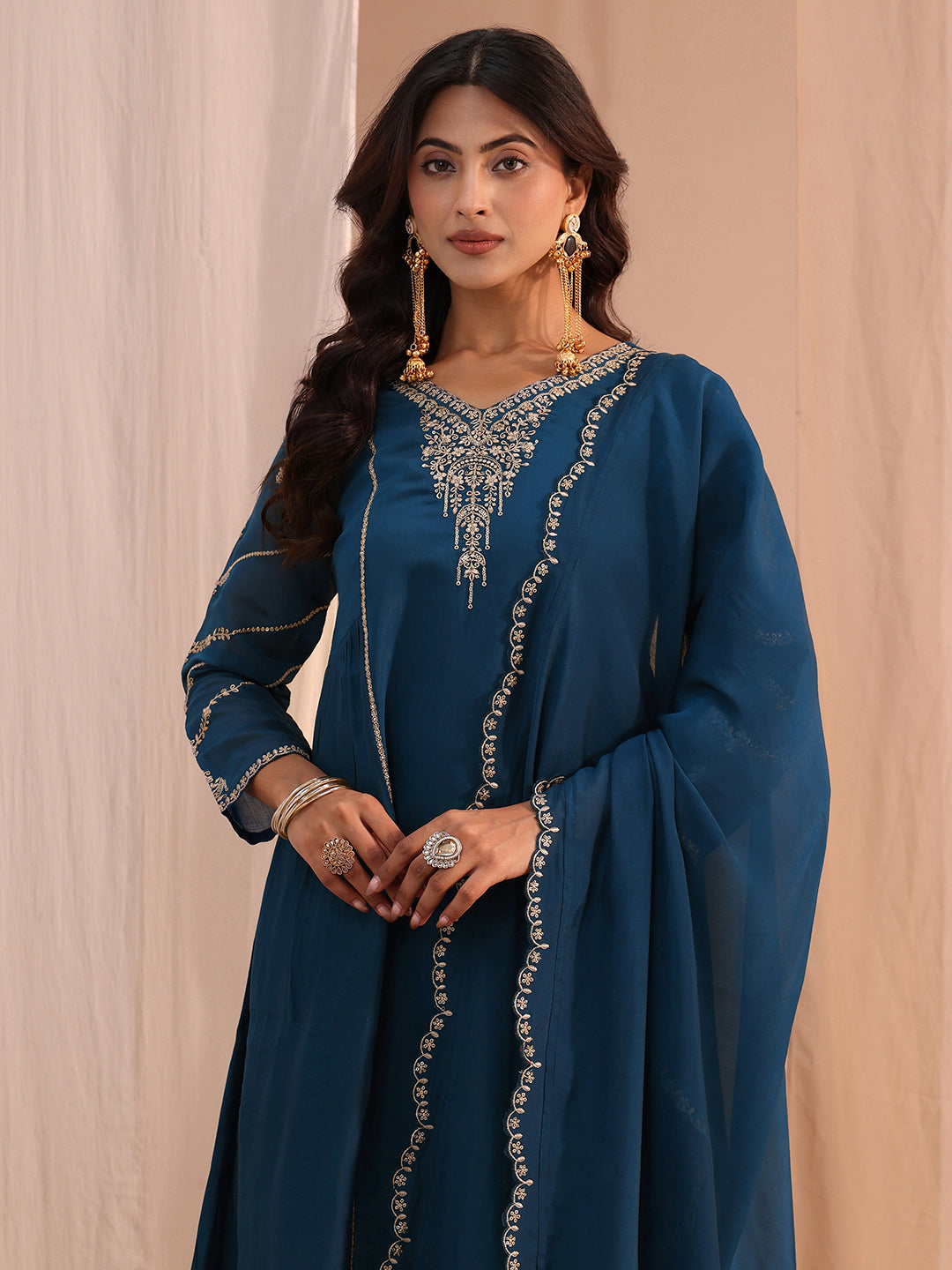  Blue Floral Embroidered Chanderi Cotton A-Line Suit Set 