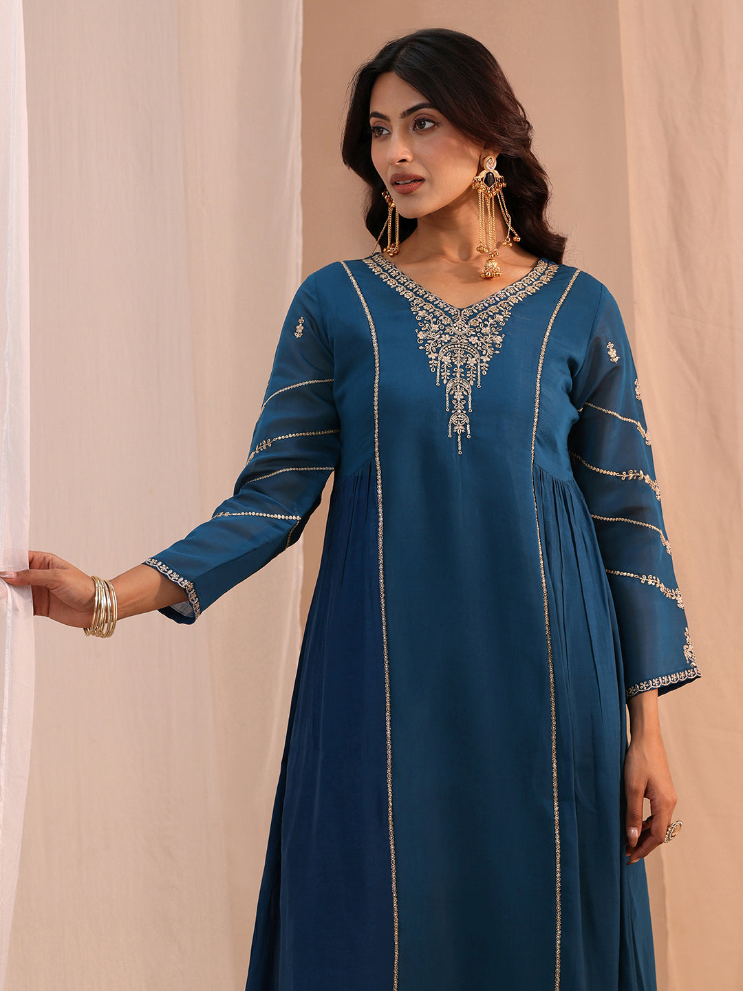  Blue Floral Embroidered Chanderi Cotton A-Line Suit Set 