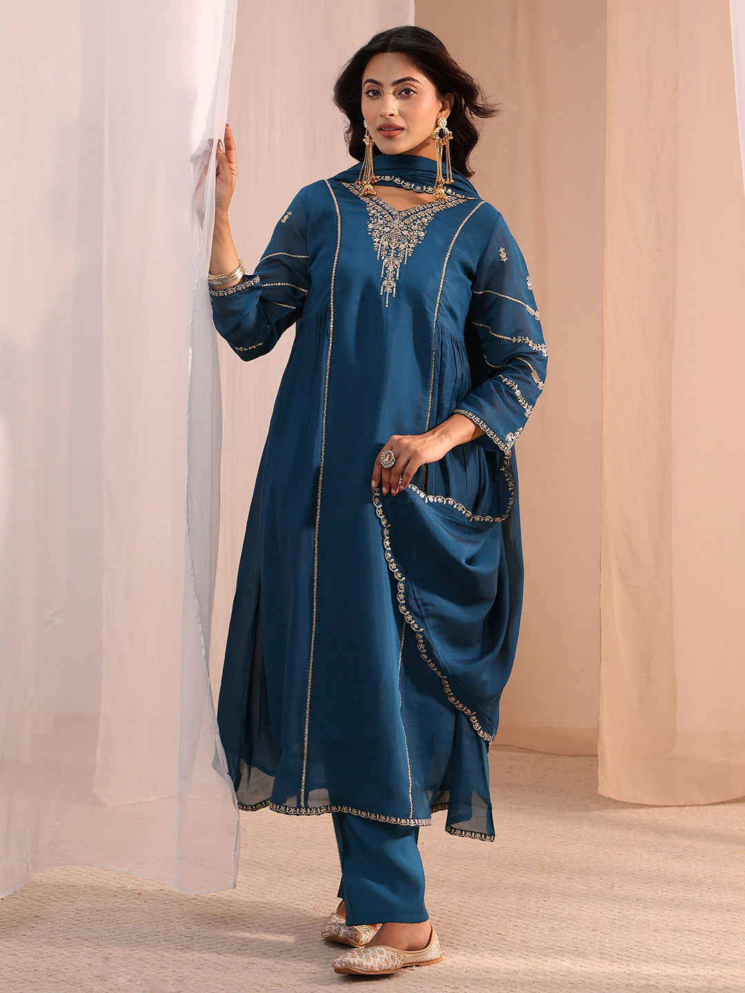  Blue Floral Embroidered Chanderi Cotton A-Line Suit Set 
