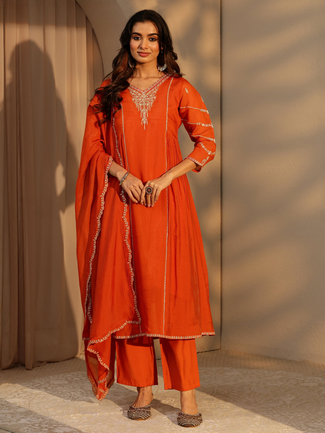  Orange Embellished Chanderi Cotton A-Line Suit Set 