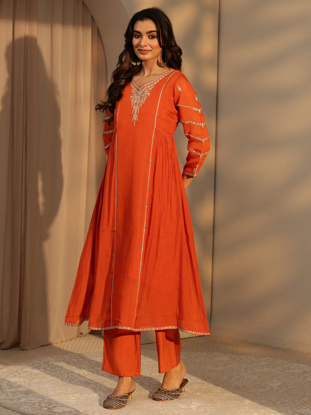  Orange Embellished Chanderi Cotton A-Line Suit Set 