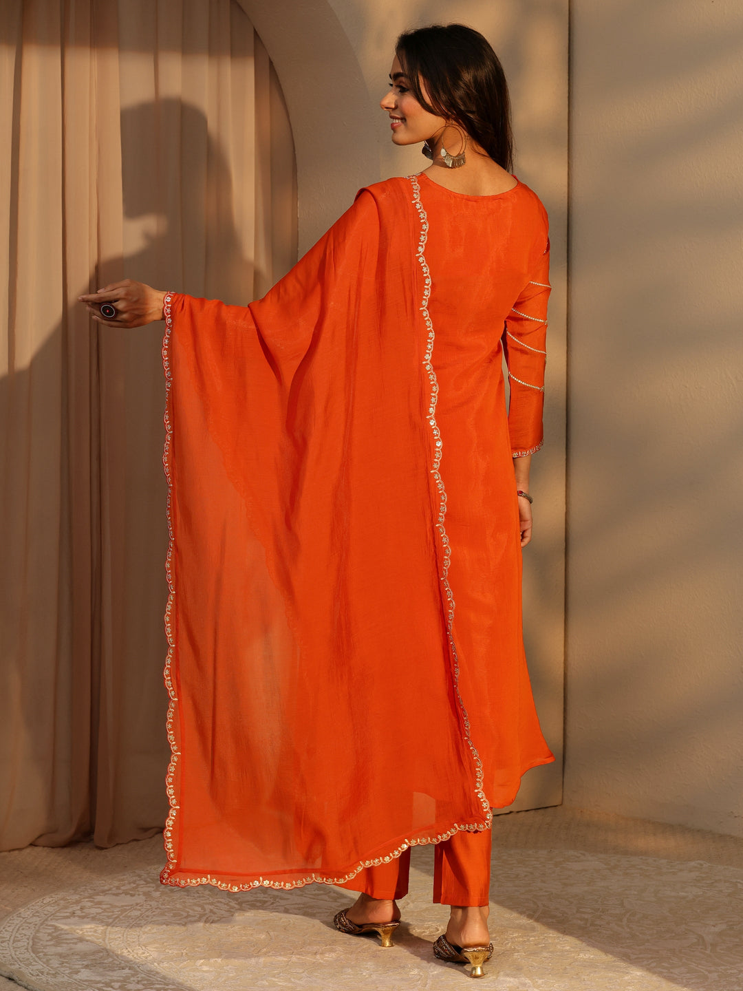  Orange Embellished Chanderi Cotton A-Line Suit Set 