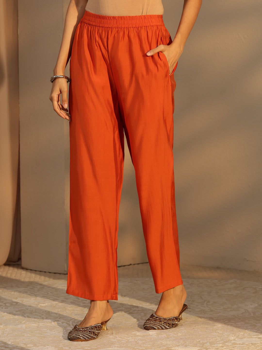  Orange Embellished Chanderi Cotton A-Line Suit Set 