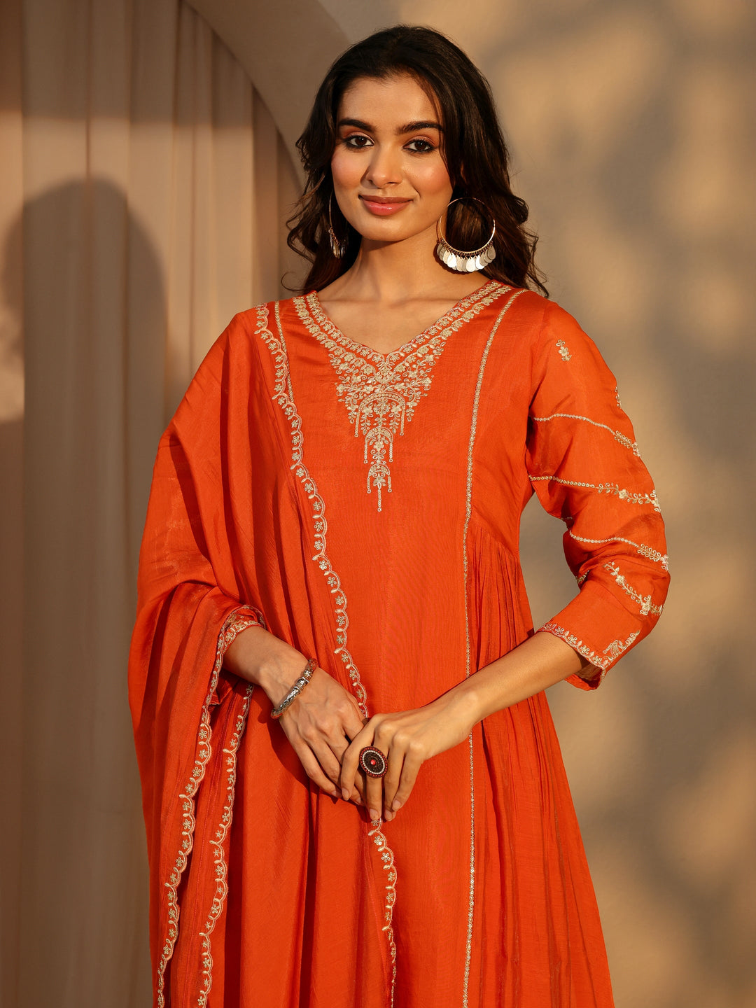  Orange Embellished Chanderi Cotton A-Line Suit Set 