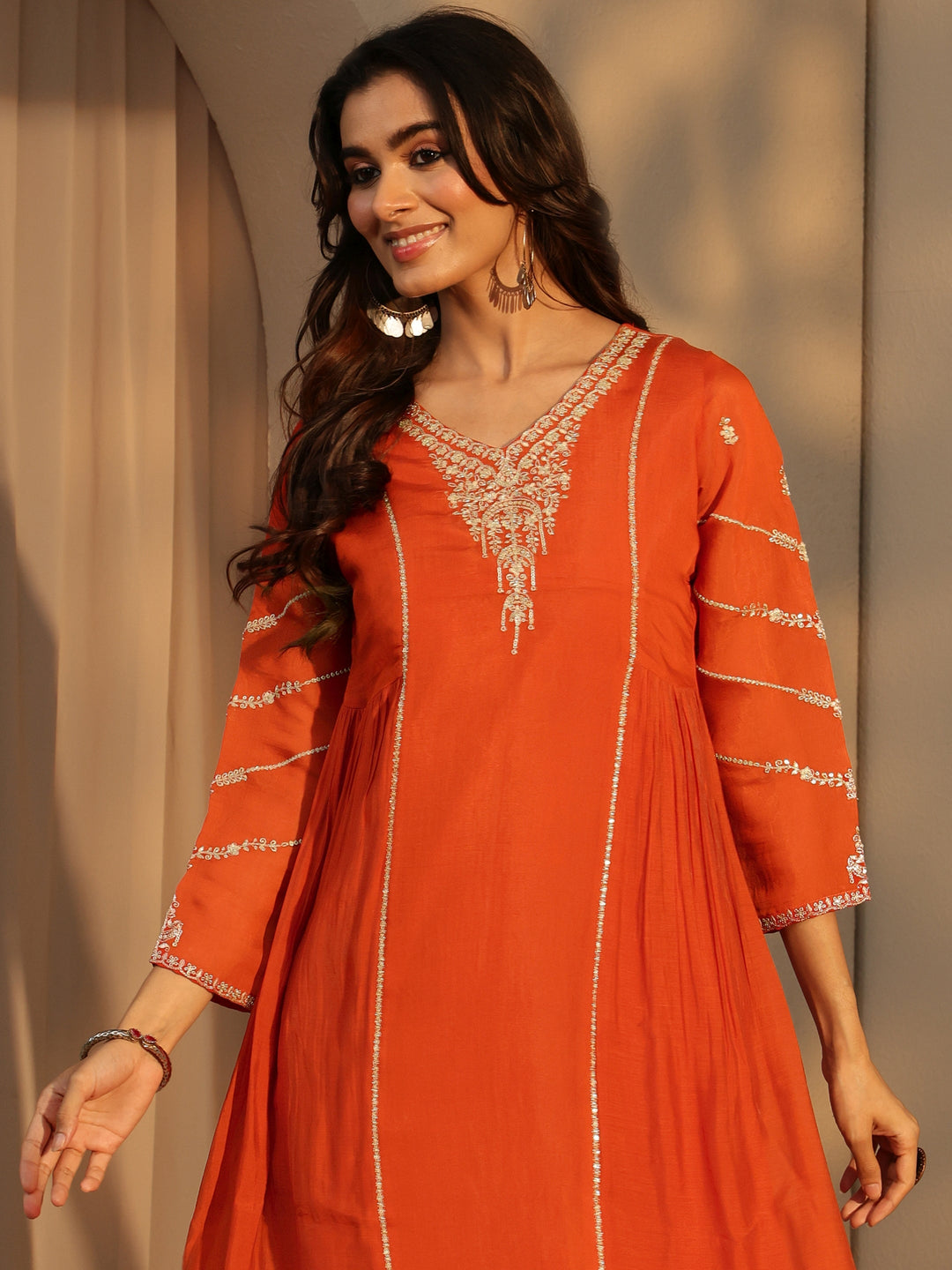  Orange Embellished Chanderi Cotton A-Line Suit Set 