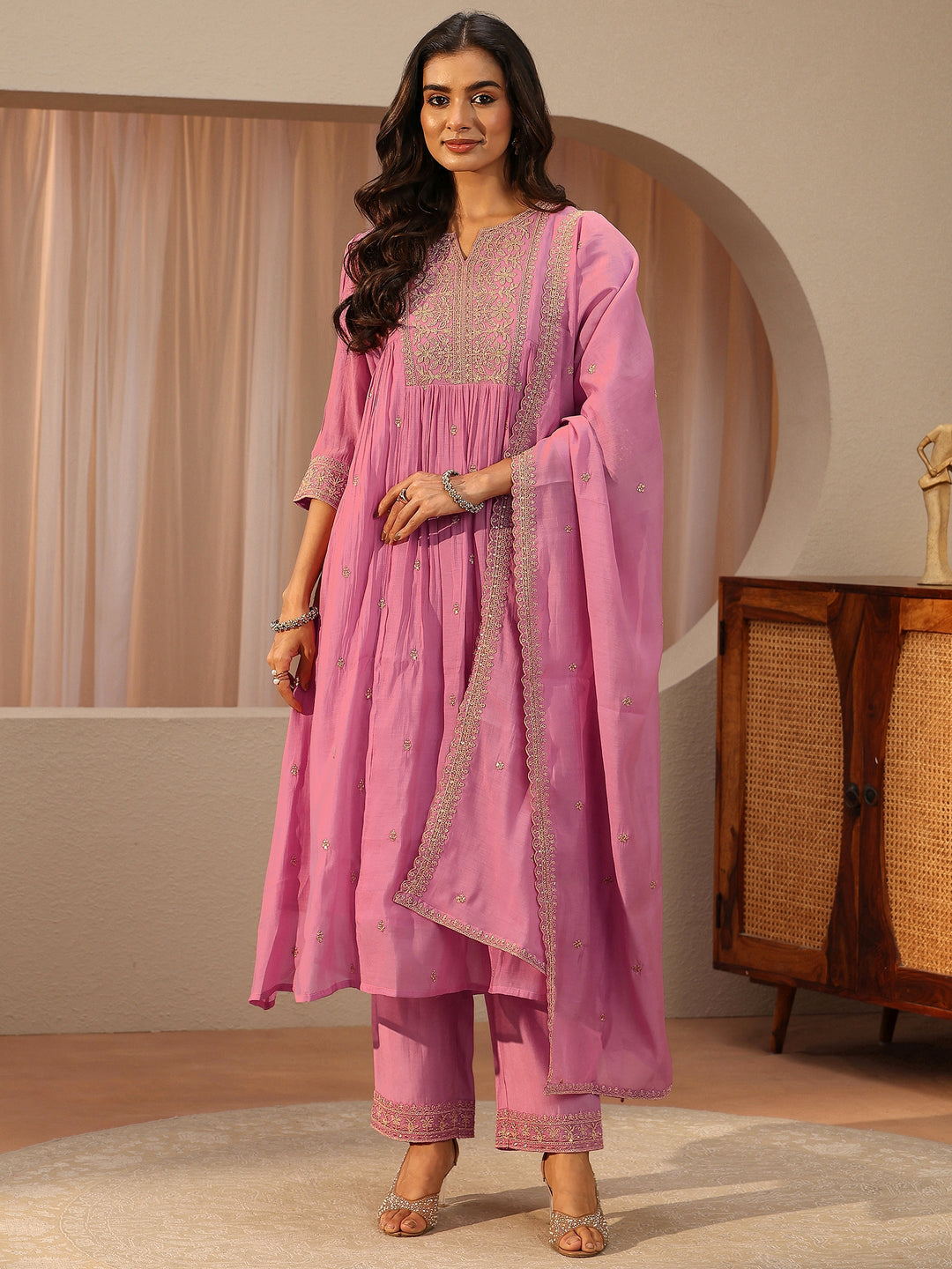  Pink Floral Embroidered Chanderi A-Line Cotton Suit Set 