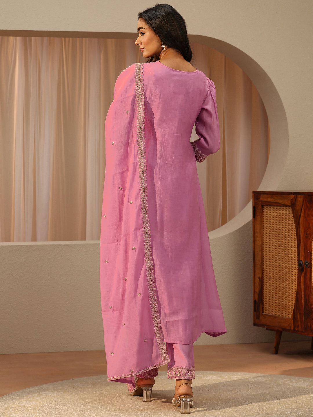  Pink Floral Embroidered Chanderi A-Line Cotton Suit Set 
