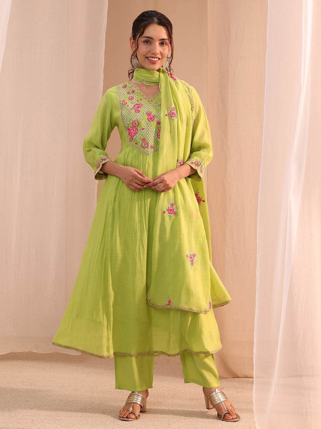  Green Floral Embroidered Chanderi Cotton A-Line Suit Set 
