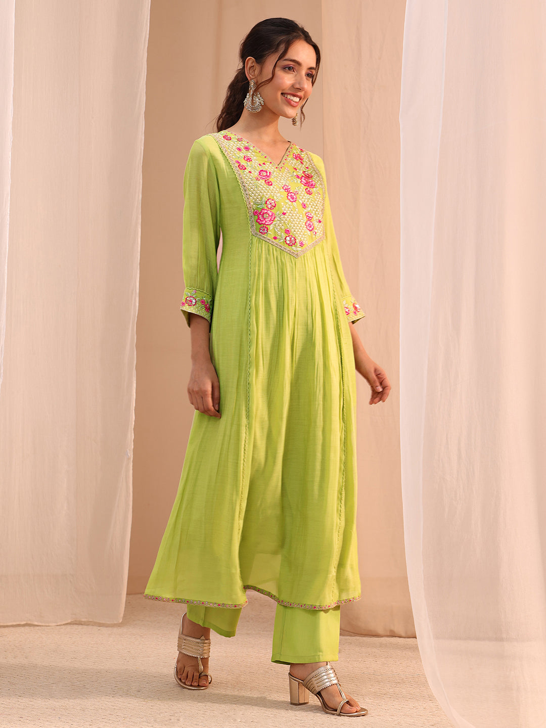  Green Floral Embroidered Chanderi Cotton A-Line Suit Set 