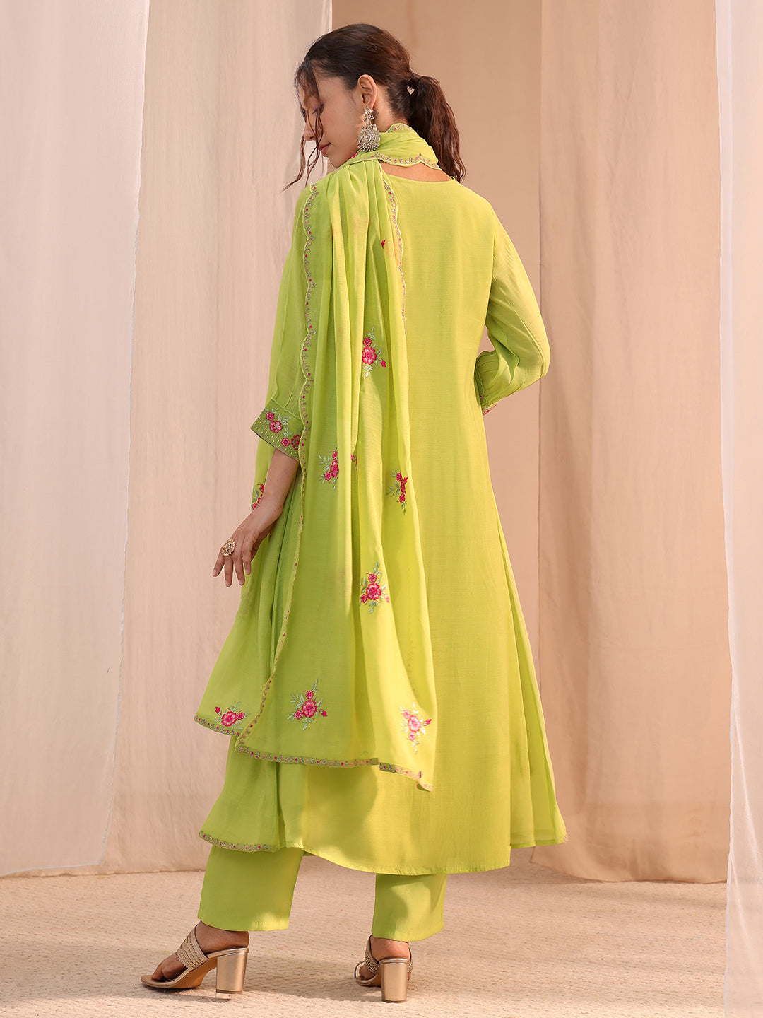  Green Floral Embroidered Chanderi Cotton A-Line Suit Set 