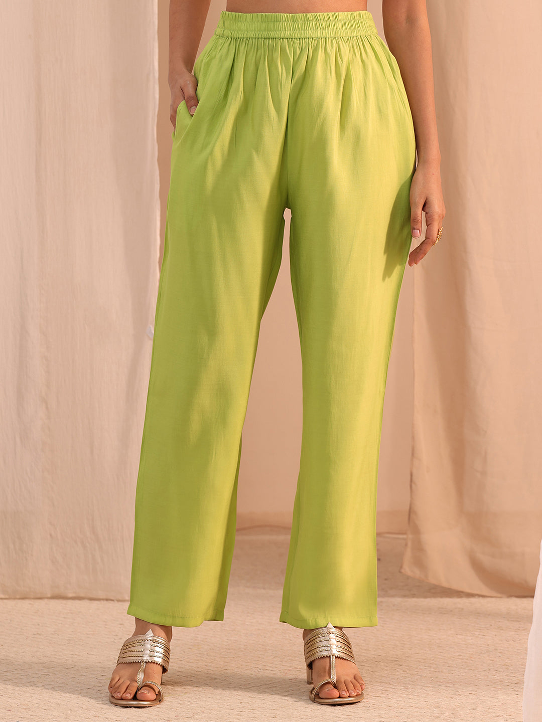  Green Floral Embroidered Chanderi Cotton A-Line Suit Set 