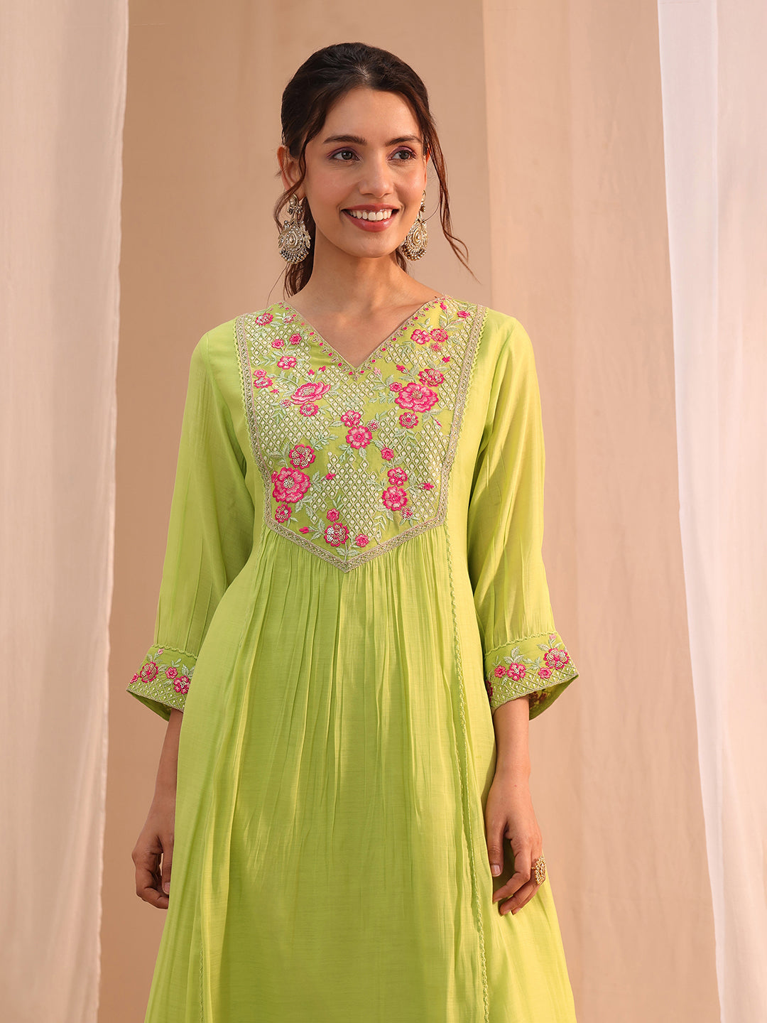  Green Floral Embroidered Chanderi Cotton A-Line Suit Set 