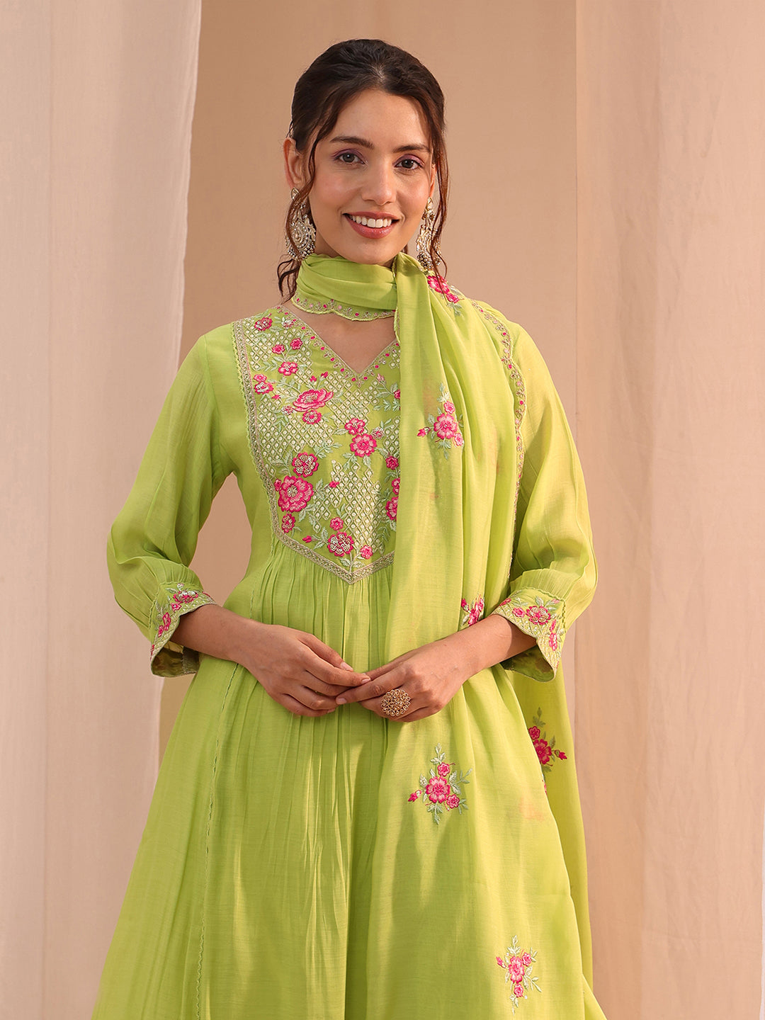  Green Floral Embroidered Chanderi Cotton A-Line Suit Set 