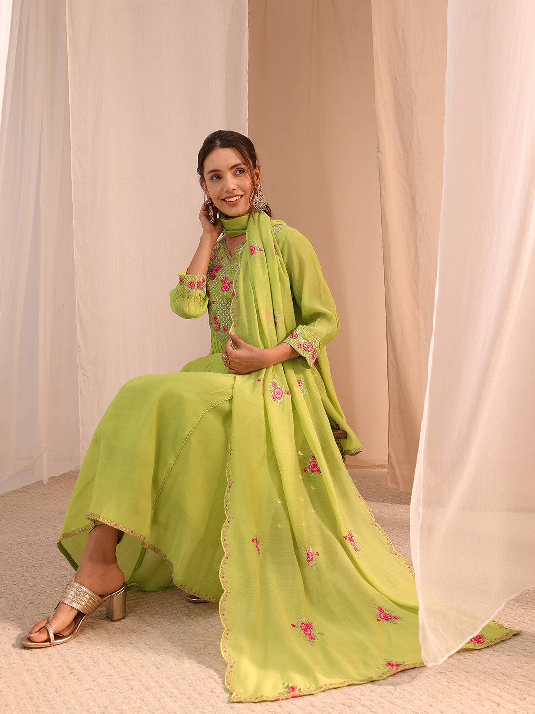 Green Floral Embroidered Chanderi Cotton A-Line Suit Set-image-11