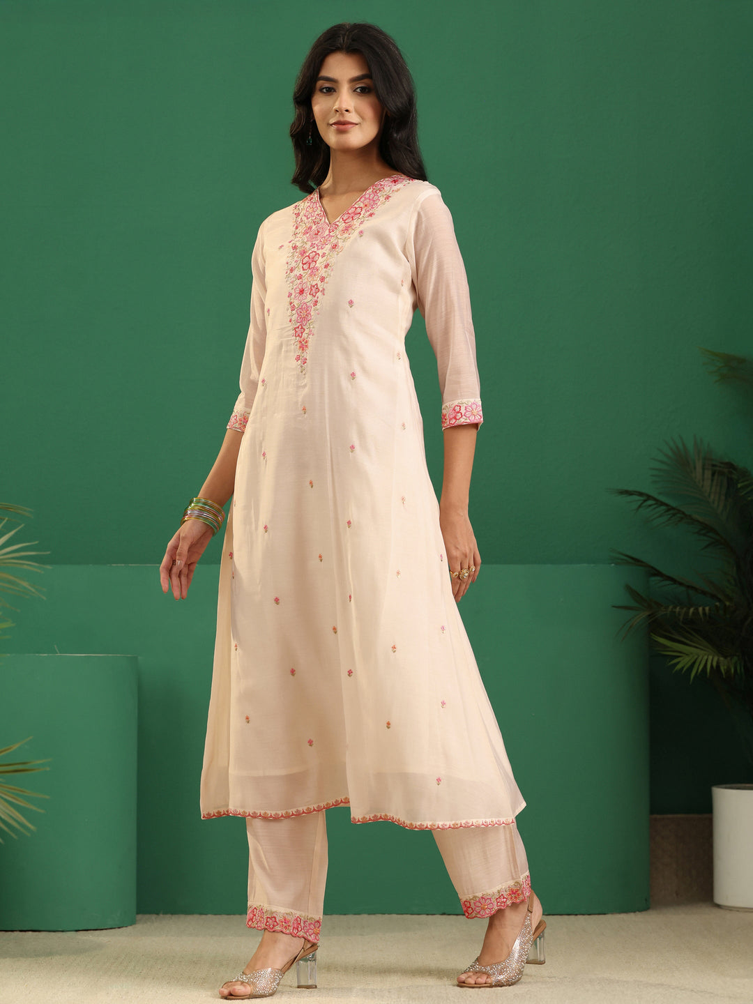  Libas Cream Floral Embroidered Chanderi Cotton A-Line Suit Set 