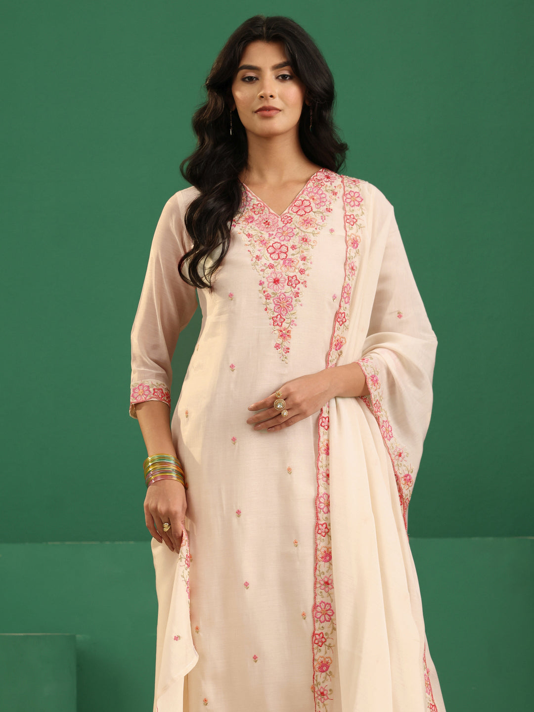  Libas Cream Floral Embroidered Chanderi Cotton A-Line Suit Set 