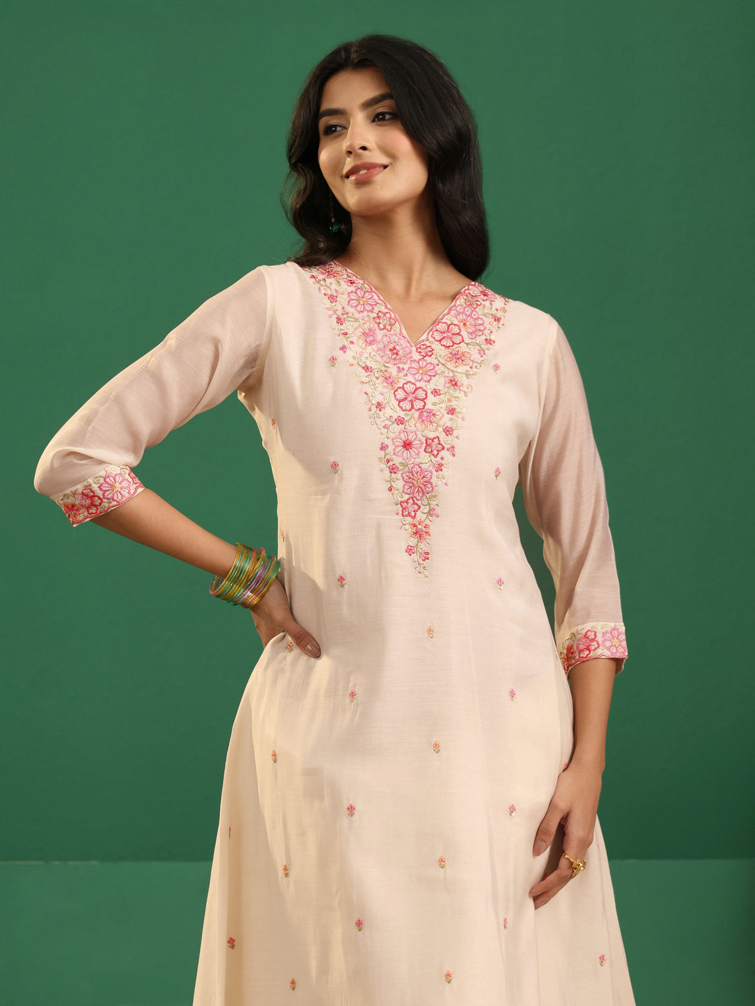  Libas Cream Floral Embroidered Chanderi Cotton A-Line Suit Set 