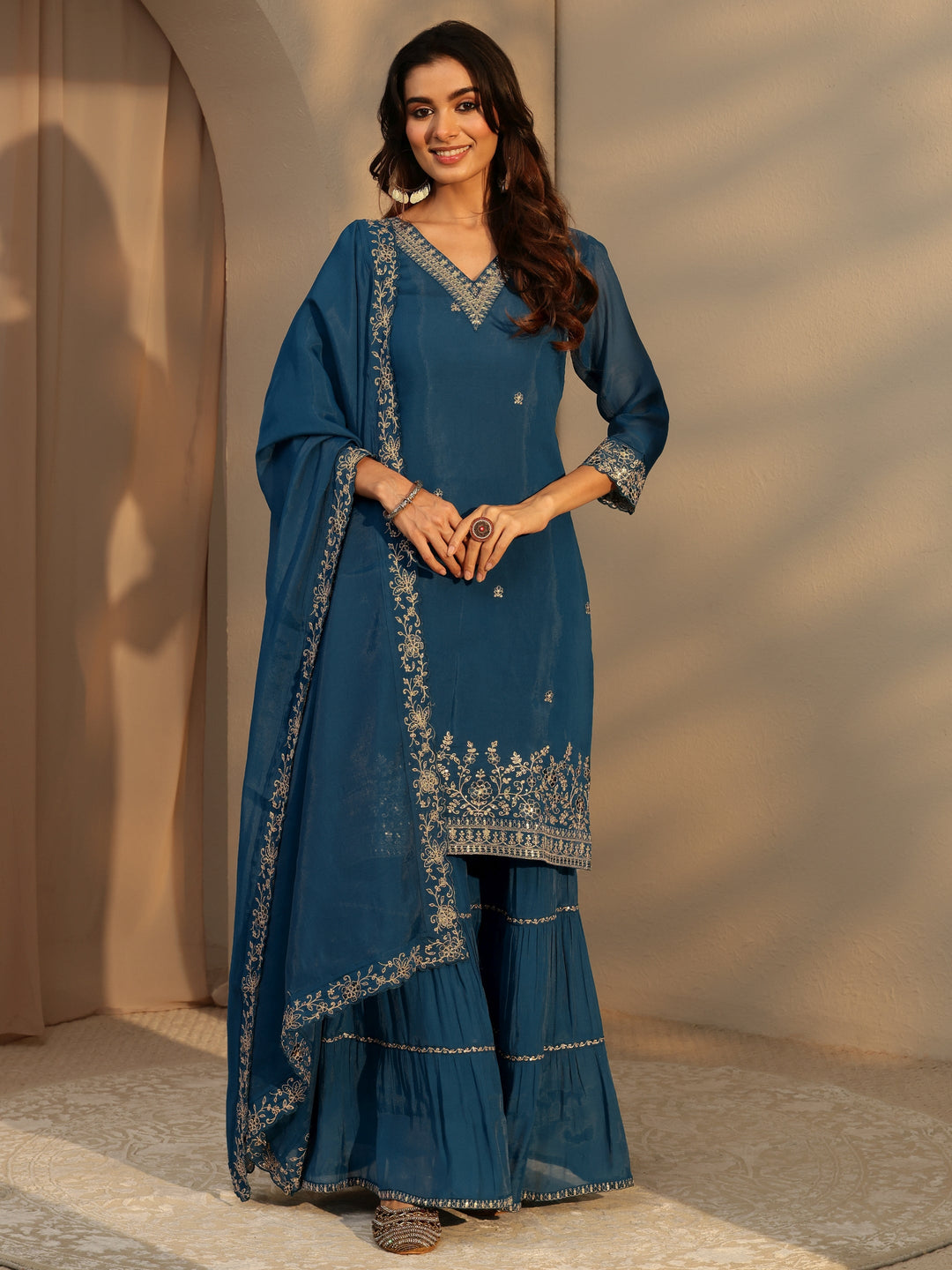  Persian Blue Embellished Chanderi Cotton Sharara Suit Set 