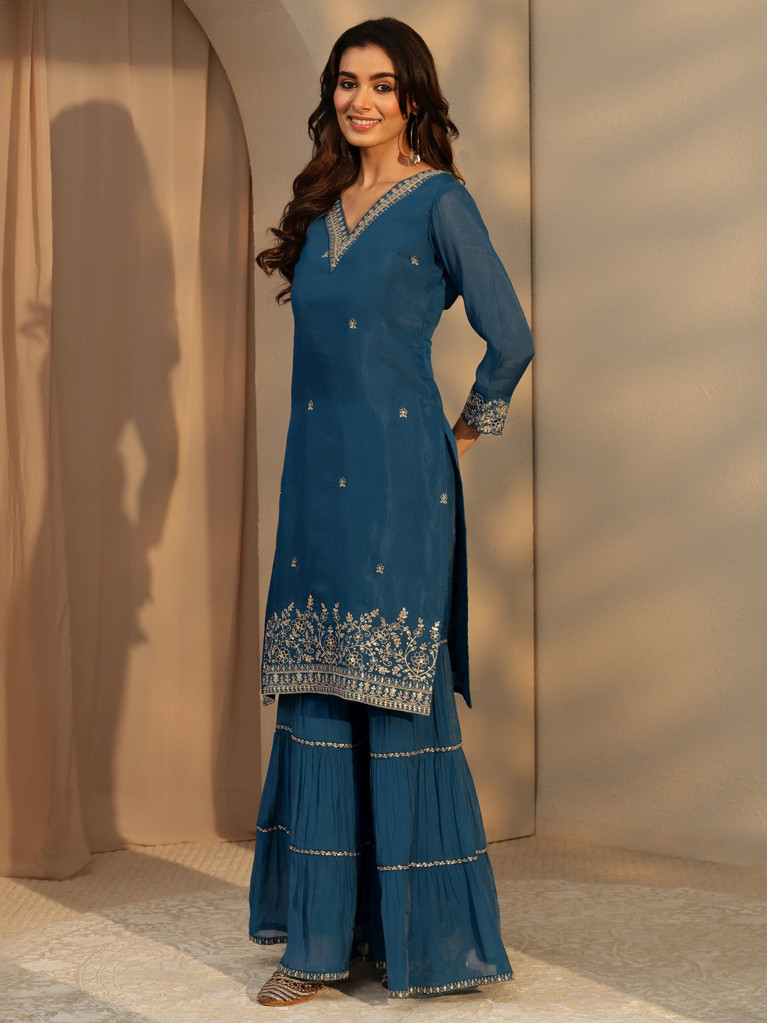  Persian Blue Embellished Chanderi Cotton Sharara Suit Set 
