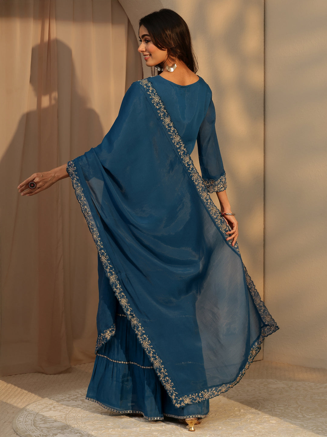  Persian Blue Embellished Chanderi Cotton Sharara Suit Set 