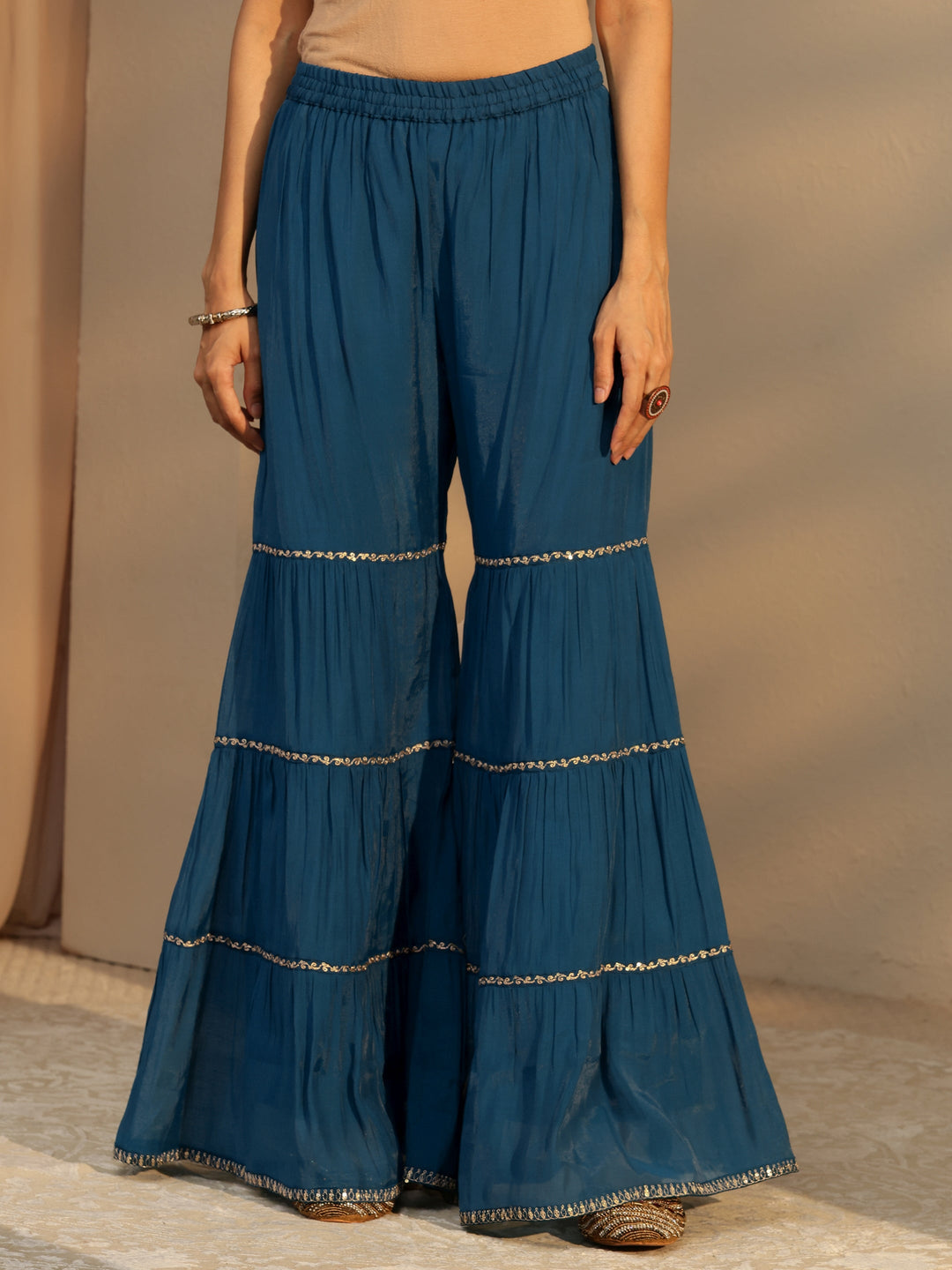  Persian Blue Embellished Chanderi Cotton Sharara Suit Set 