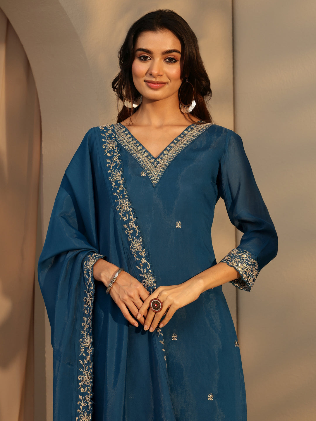  Persian Blue Embellished Chanderi Cotton Sharara Suit Set 