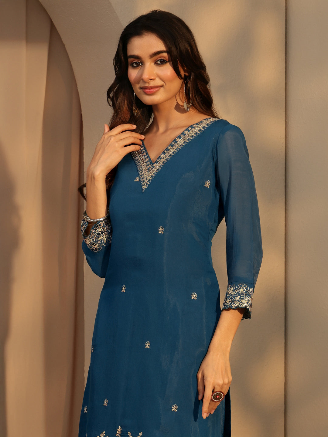  Persian Blue Embellished Chanderi Cotton Sharara Suit Set 