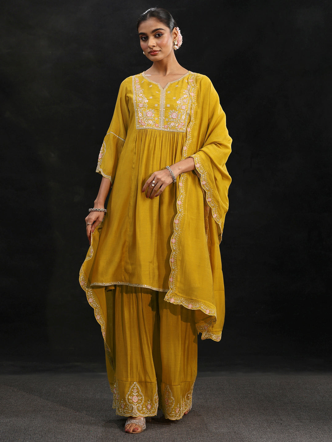  Libas Mustard Floral Yoke Chanderi Cotton Sharara Suit Set 