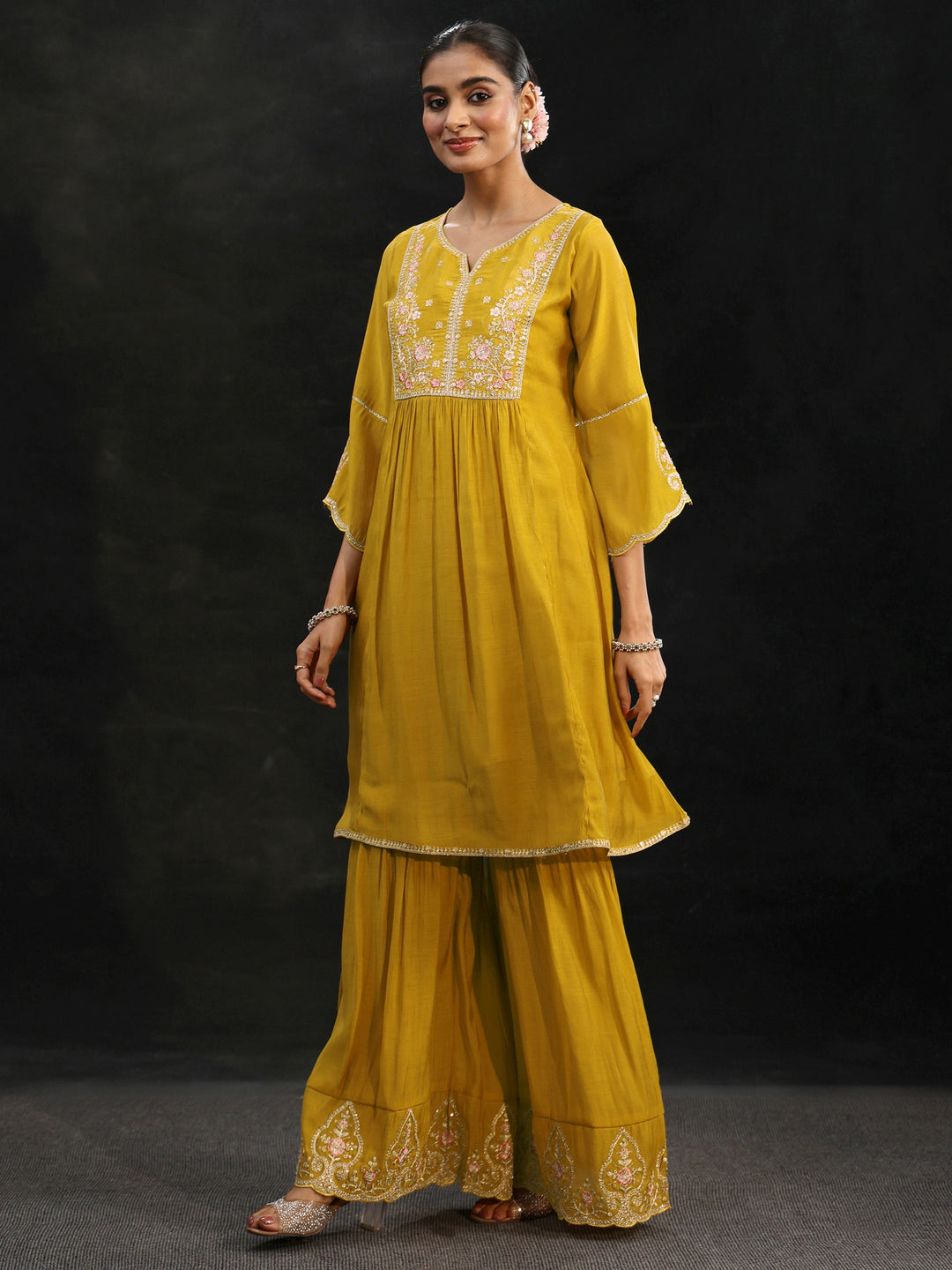  Libas Mustard Floral Yoke Chanderi Cotton Sharara Suit Set 