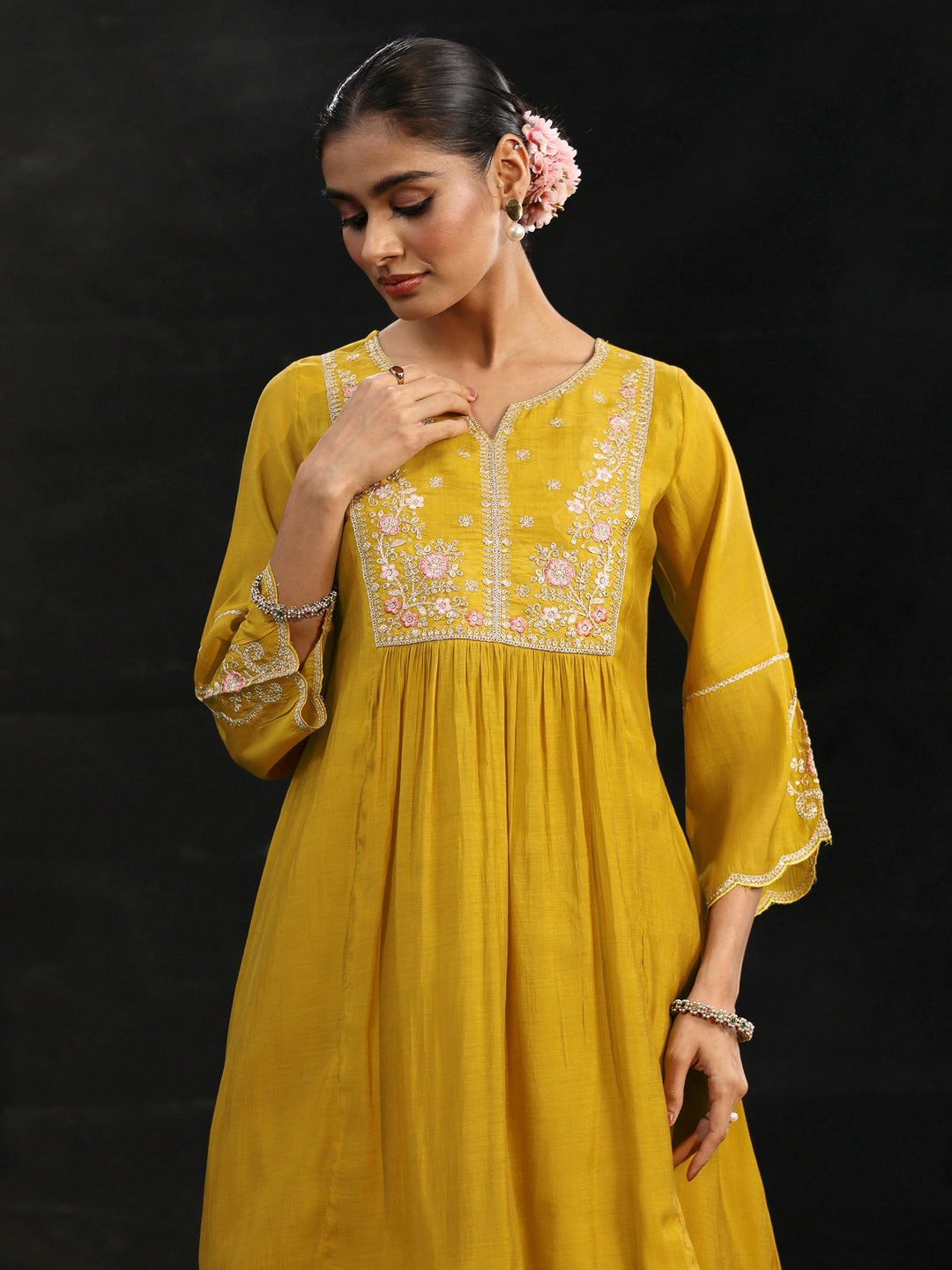  Libas Mustard Floral Yoke Chanderi Cotton Sharara Suit Set 