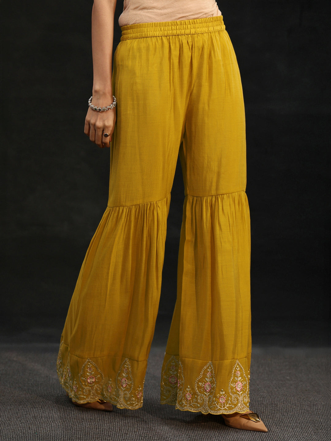  Libas Mustard Floral Yoke Chanderi Cotton Sharara Suit Set 