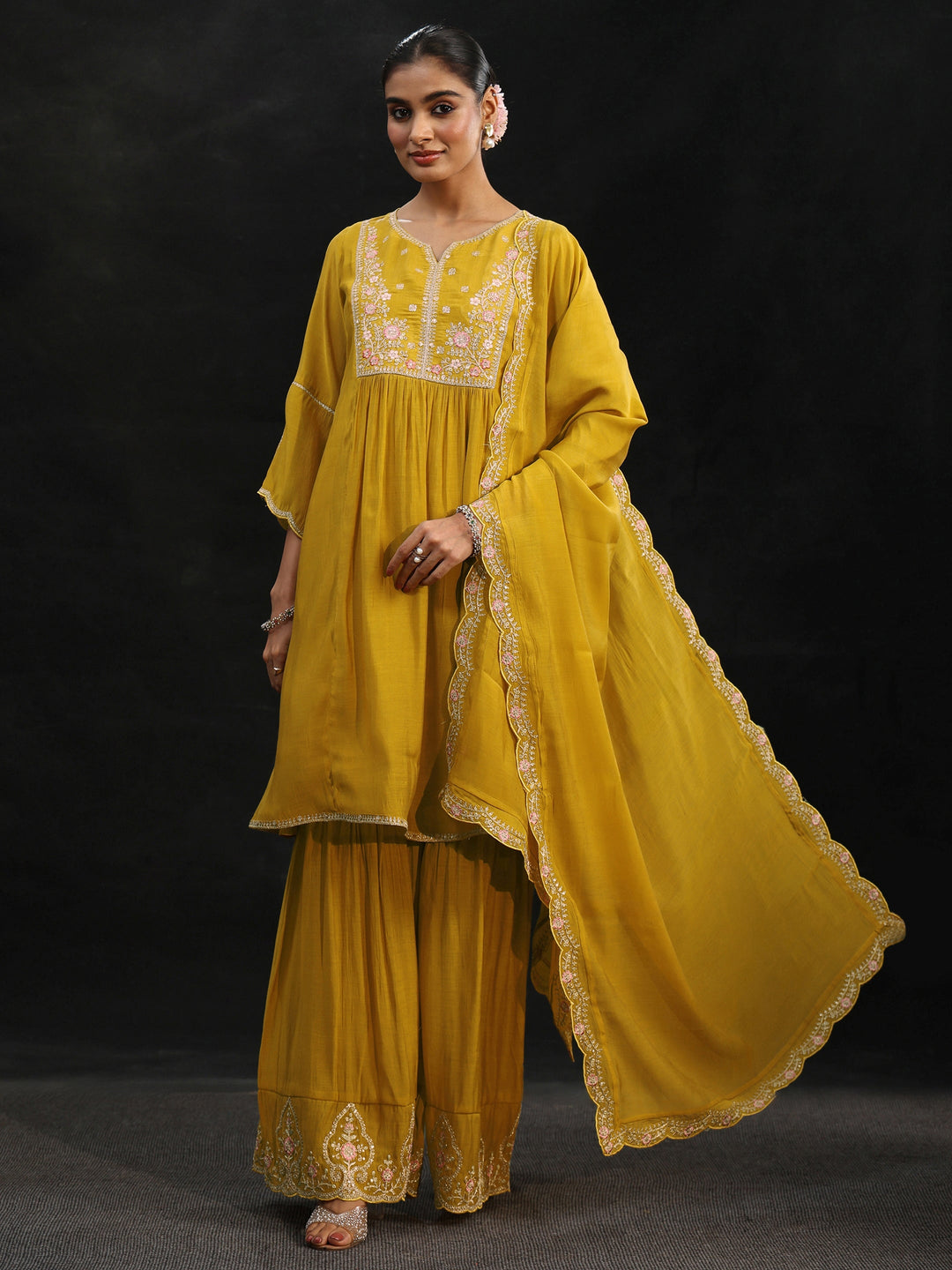  Libas Mustard Floral Yoke Chanderi Cotton Sharara Suit Set 