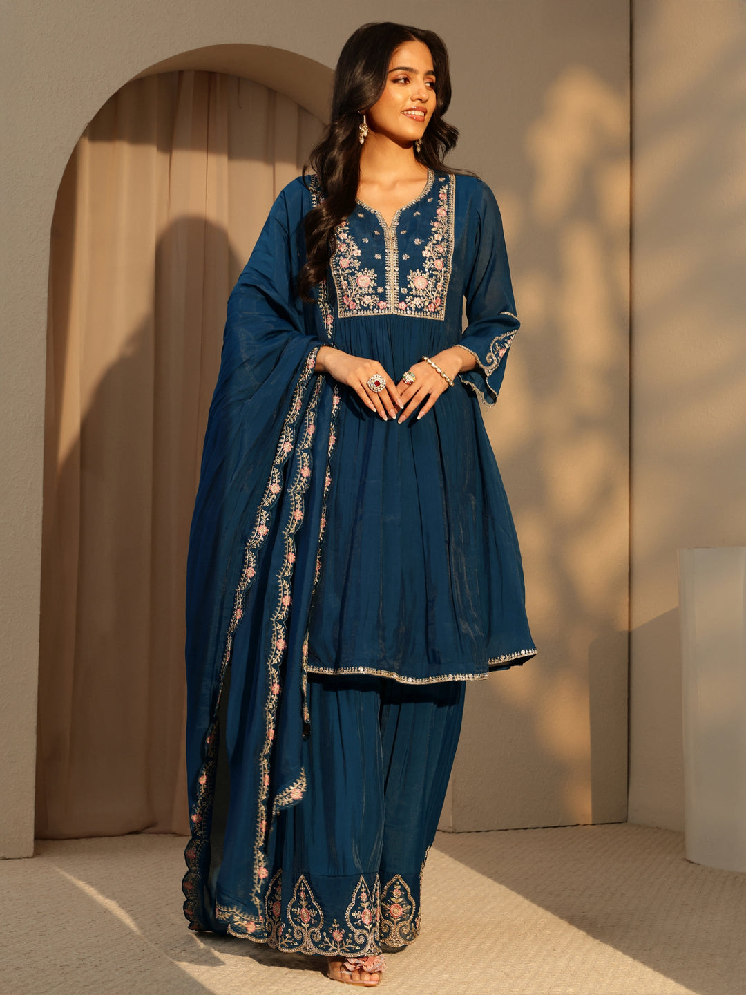  Prussian Blue Embroidered Chanderi Cotton Sharara Suit Set 