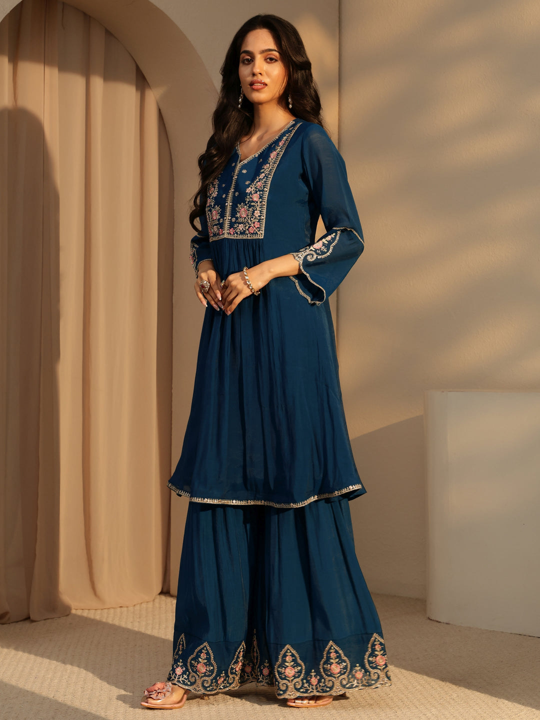  Prussian Blue Embroidered Chanderi Cotton Sharara Suit Set 