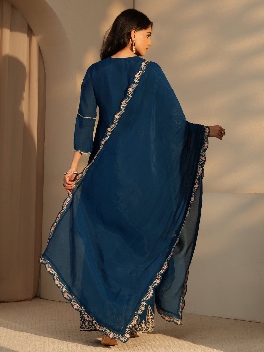  Prussian Blue Embroidered Chanderi Cotton Sharara Suit Set 