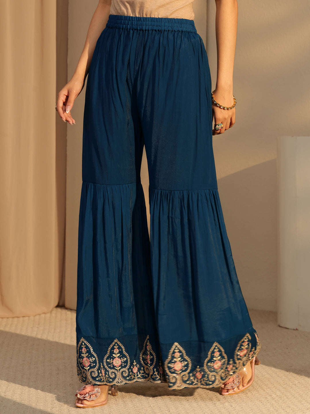  Prussian Blue Embroidered Chanderi Cotton Sharara Suit Set 