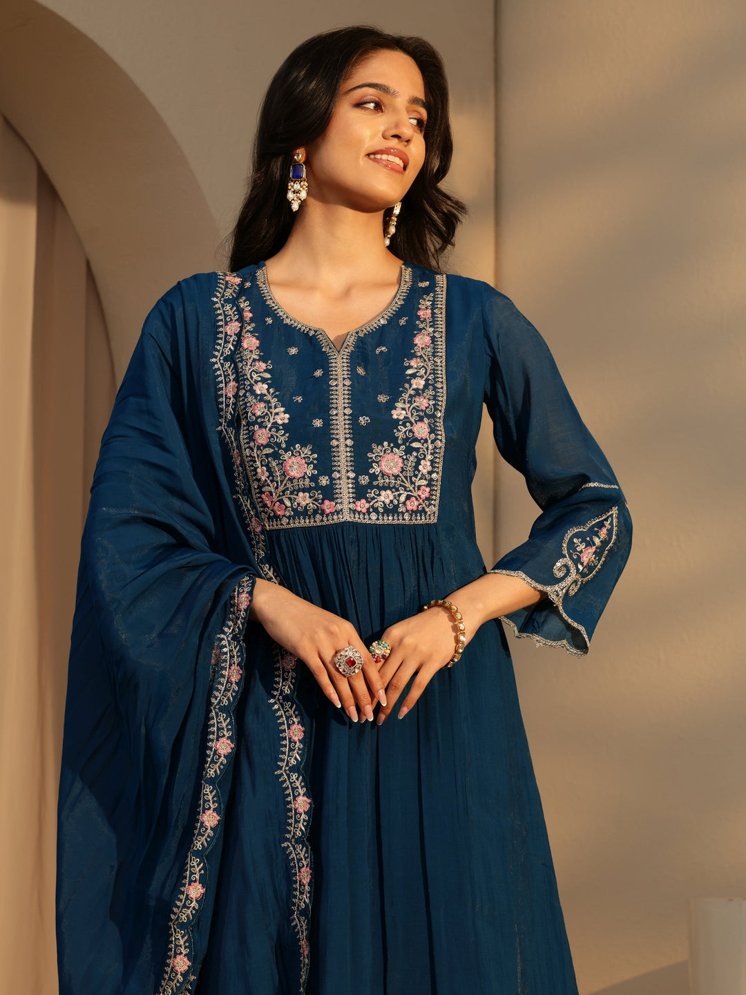 Prussian Blue Embroidered Chanderi Cotton Sharara Suit Set 
