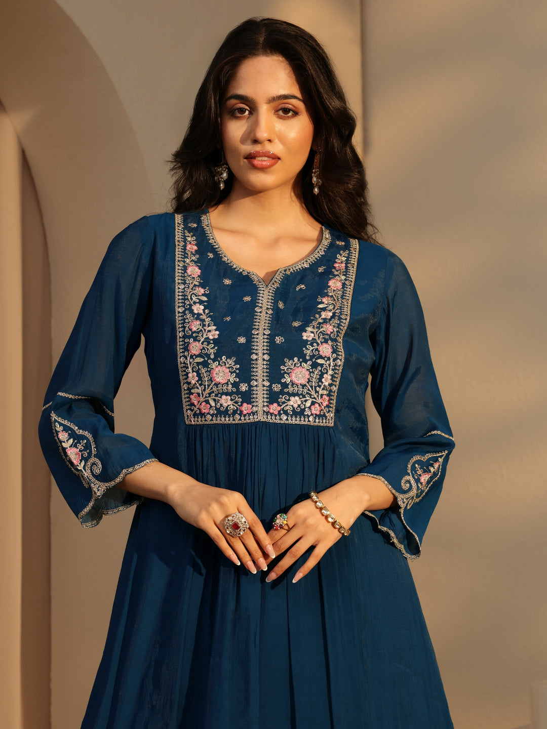  Prussian Blue Embroidered Chanderi Cotton Sharara Suit Set 