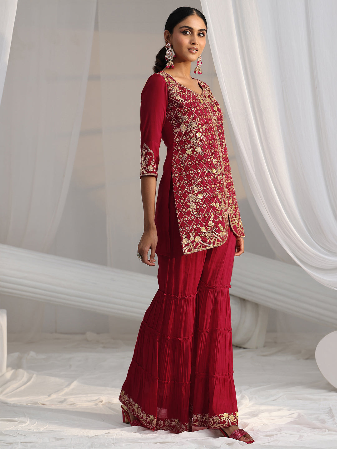  Libas Rani Pink Floral Embroidered Chanderi Cotton Sharara Suit Set 