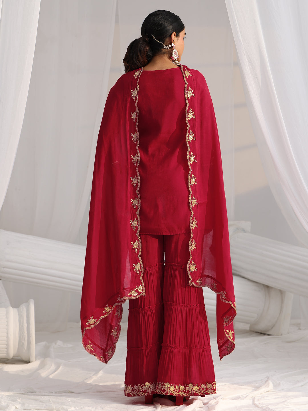  Libas Rani Pink Floral Embroidered Chanderi Cotton Sharara Suit Set 