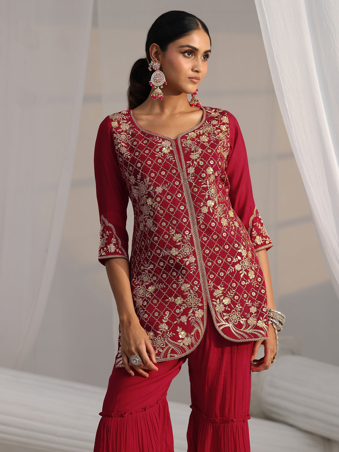  Libas Rani Pink Floral Embroidered Chanderi Cotton Sharara Suit Set 