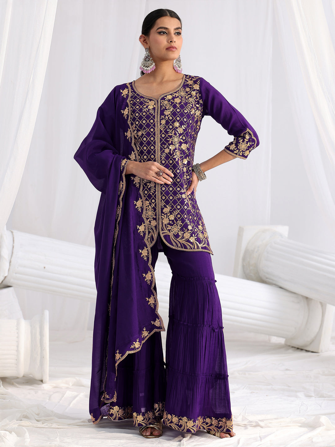  Libas Royal Purple Floral Embroidered Chanderi Cotton Sharara Suit Set 